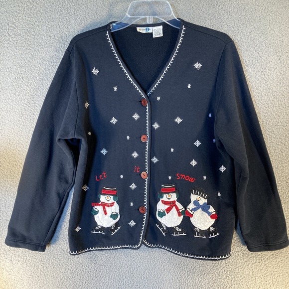 Paul Harris Design Sweatshirt Women's Large Blue Snowmen Let‎ It Snow Cardigan - Picture 1 of 14